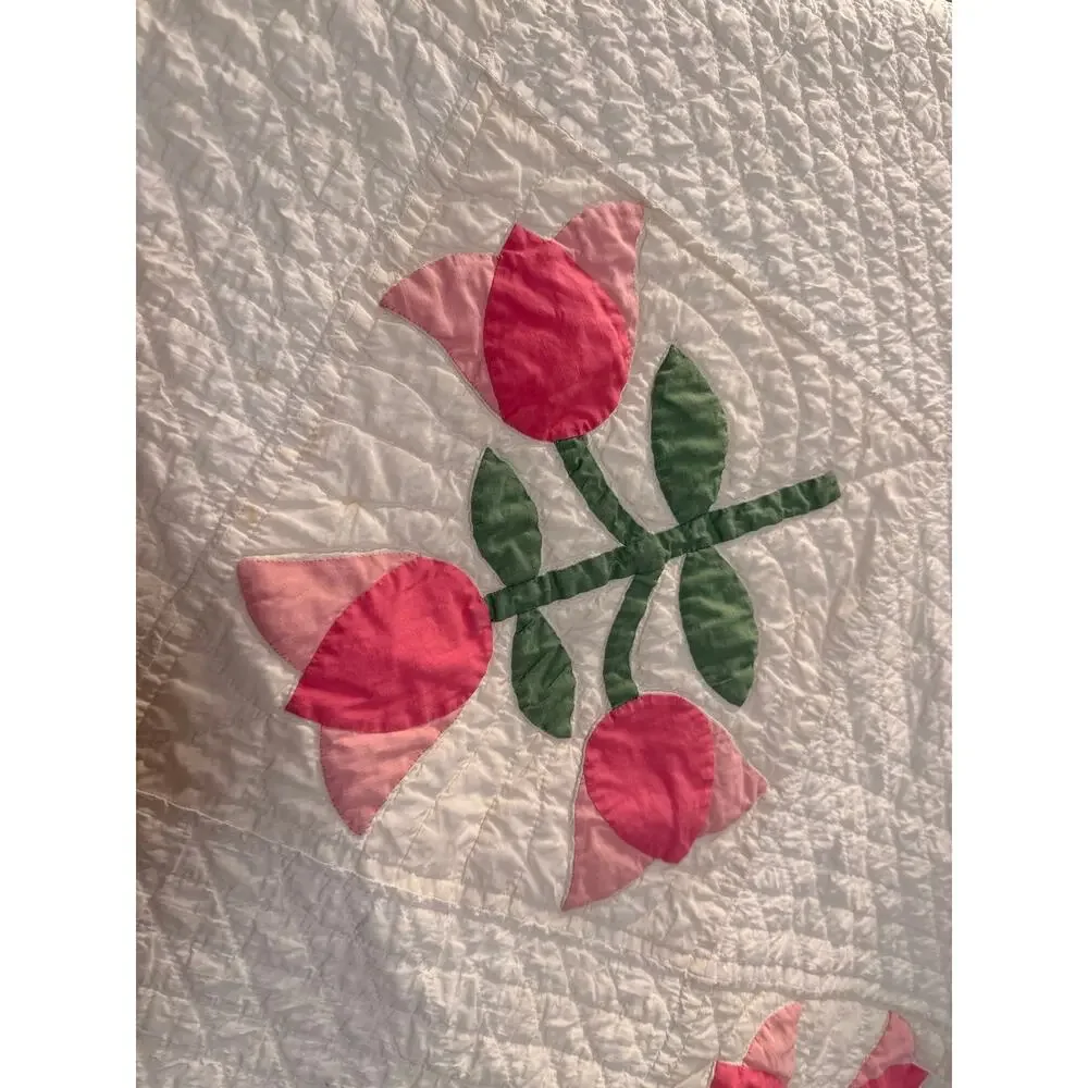 Vintage Handmade Hand Sewn Quilt Pink Floral Applique Cottagecore Romantic